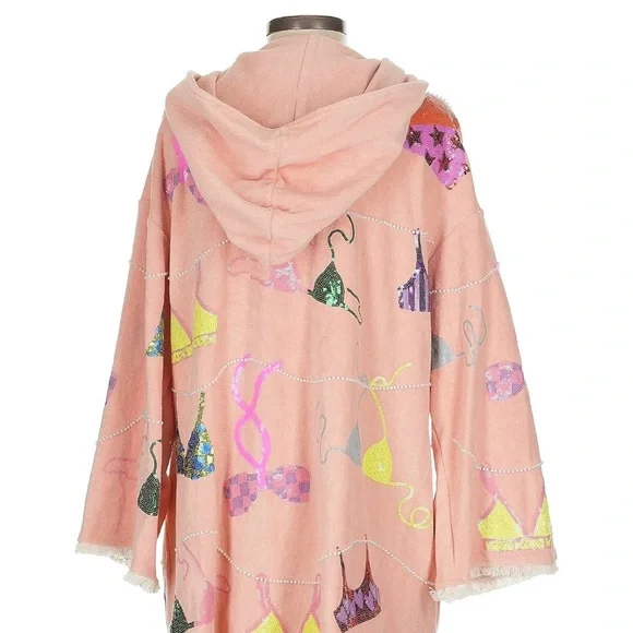 !!SOLD!! NWT QUEEN OF SPARKLES Peach Hood Swimsuit Coverup Poncho Terry - Picture 2 of 5